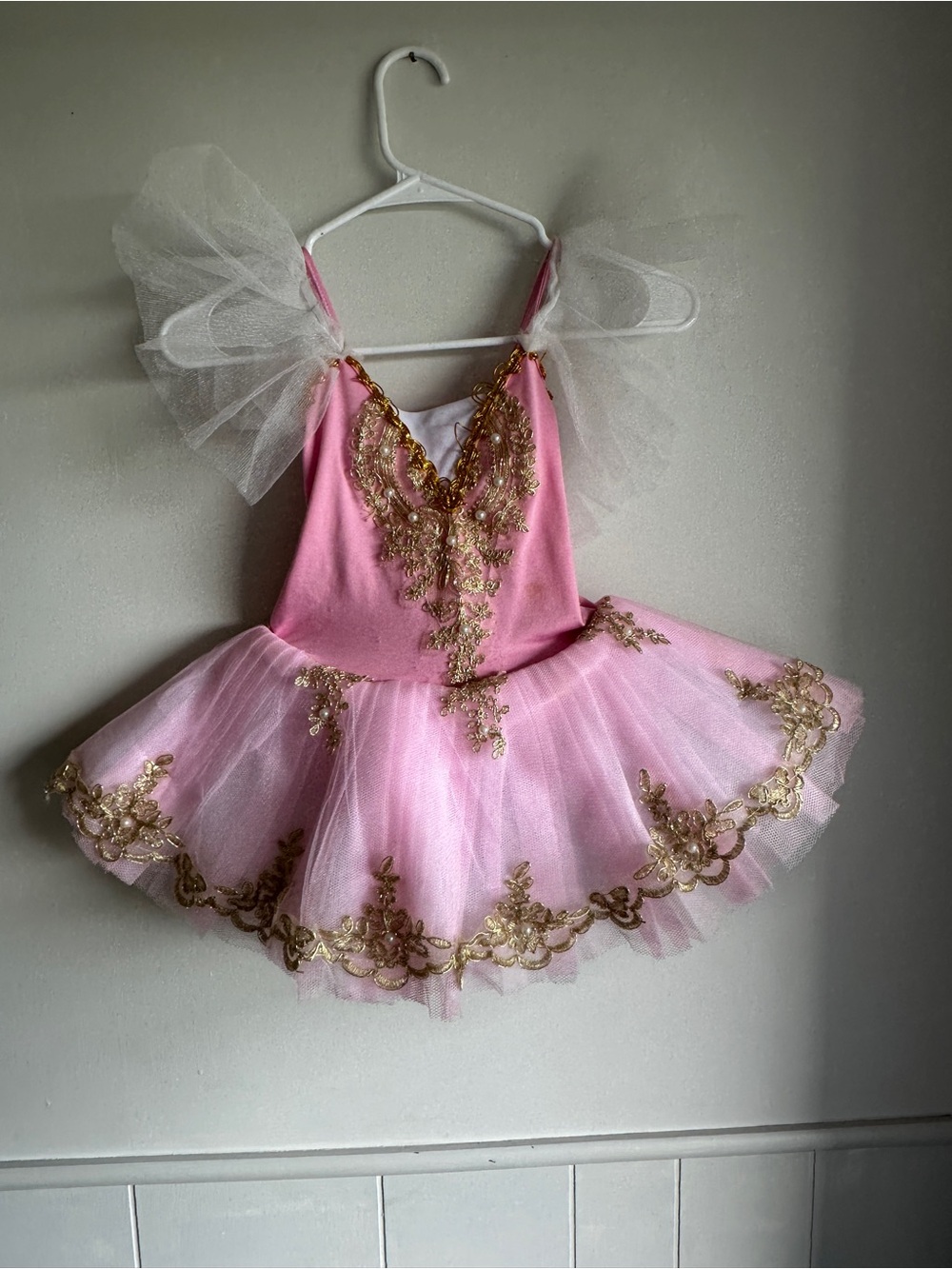 Pink Ballet Tutu Costume Gold Embroidered Pearl Recital Dress